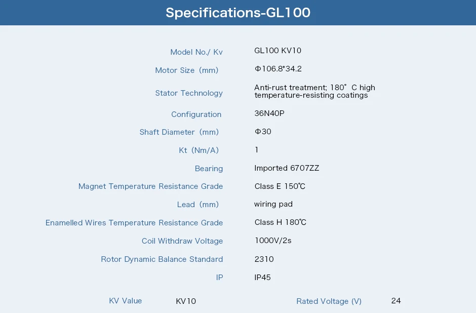CubeMars GL100 KV10 Specifications