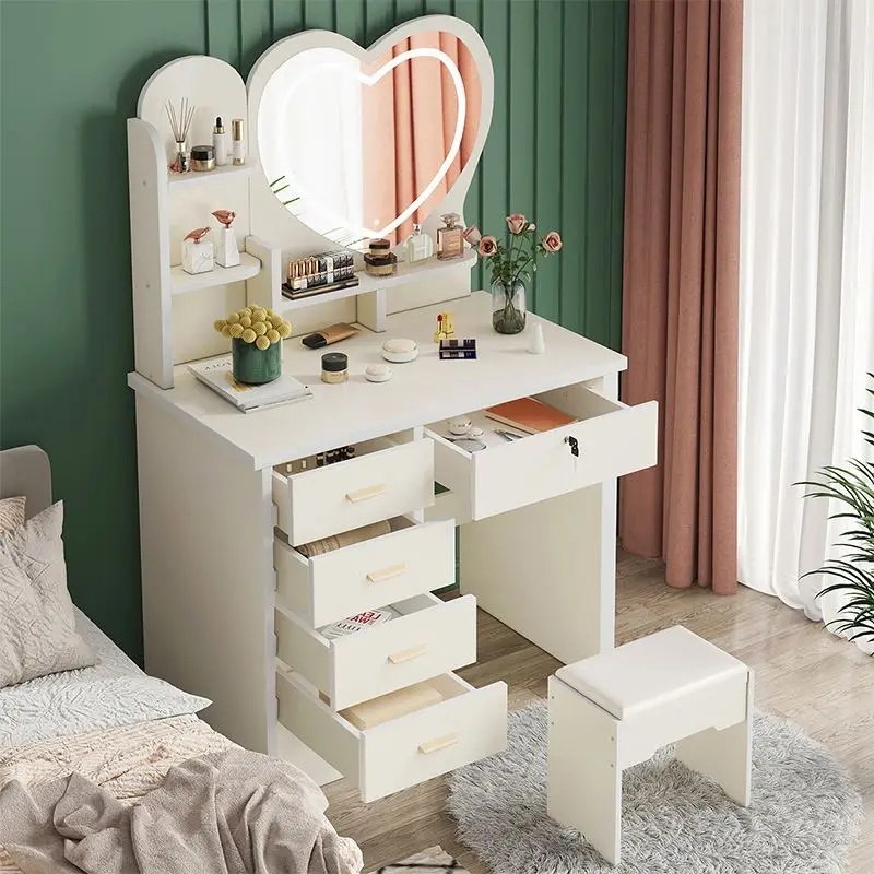 Modern makeup vanity professional heart shape mirror dressing table set for bedroom with led lights around mirror