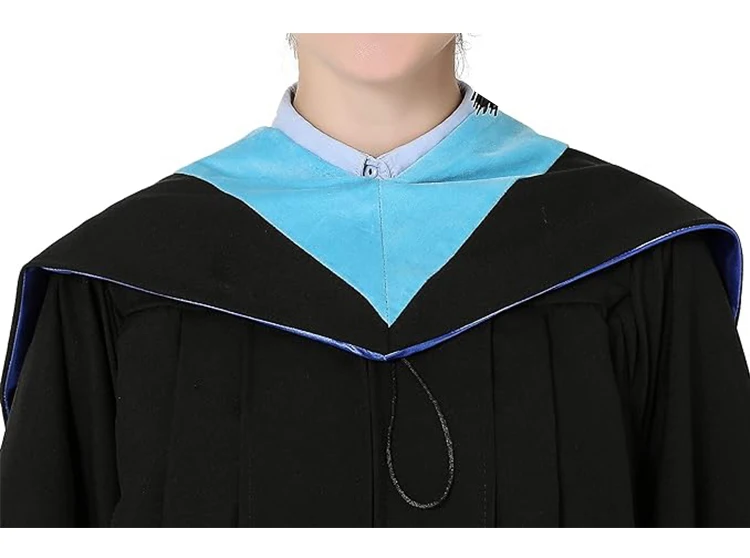 Deluxe graduation hood proper wearing position demonstration Graduate wearing deluxe bachelor hood correctly positioned over gown