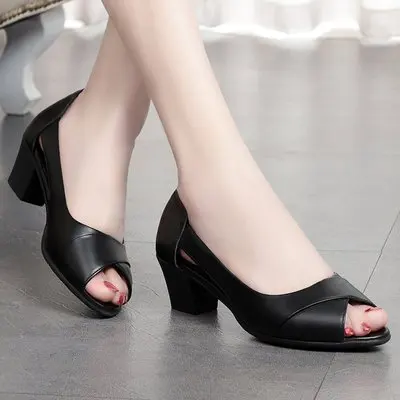 Summer Women Dress Shoes Peep Toe Office Work Shoes Medium Heels Pumps Open Toe Women Sandals Black zapatos mujer