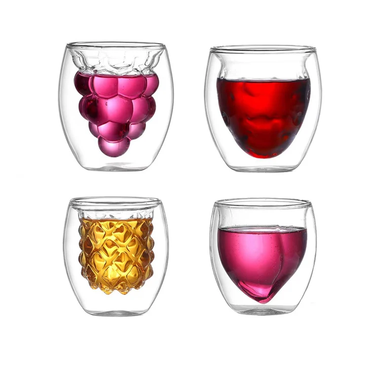 Custom Shape Logo Cold Drinking Glass Cup Strawberry Grape Peach Pineapple Fruit Shaped Double Wall Cup