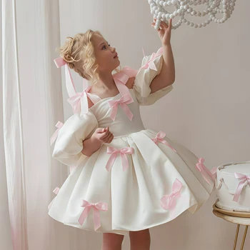 Catpapa New Pure White Bubble Sleeve Short Dress with Pink Bows Kids Performance & Birthday Princess Party Dress