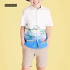 Summer Kids DIDIBUBU Pure Cotton Beach-loving Dinosaur Print Shirt Collared Neck 2 Piece Summer Set Kids