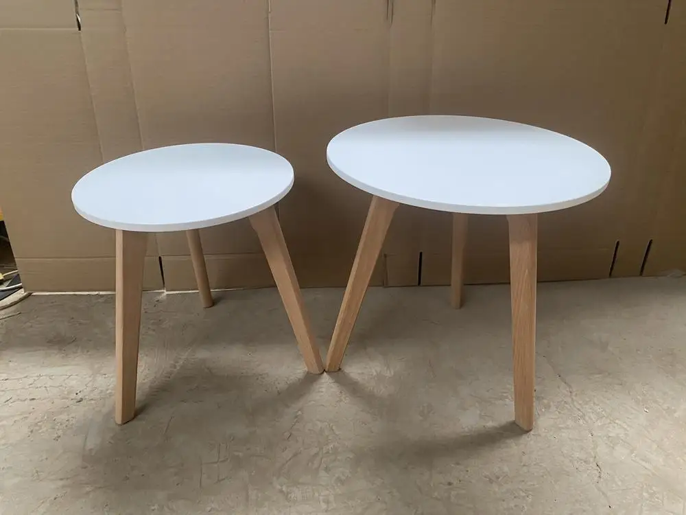 Set of 2 Side Table  with Bamboo Wood Legs Eco Friendly Living Room MDF White Nesting Table Set of 2 Coffee Table Set