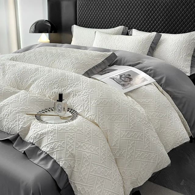 Summer Nordic High-grade Bedding Set Ice Silk Quilt Cover Washed Silk Bed Sheet Three-Dimensional Embossed Silky Sleeping