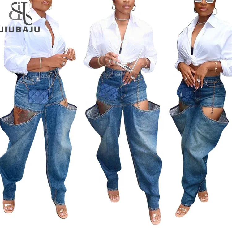 Women Streetwear Fashion Cutout Side Zipper Fly Denim Pants 2023 Fashion Style Cargo Jeans