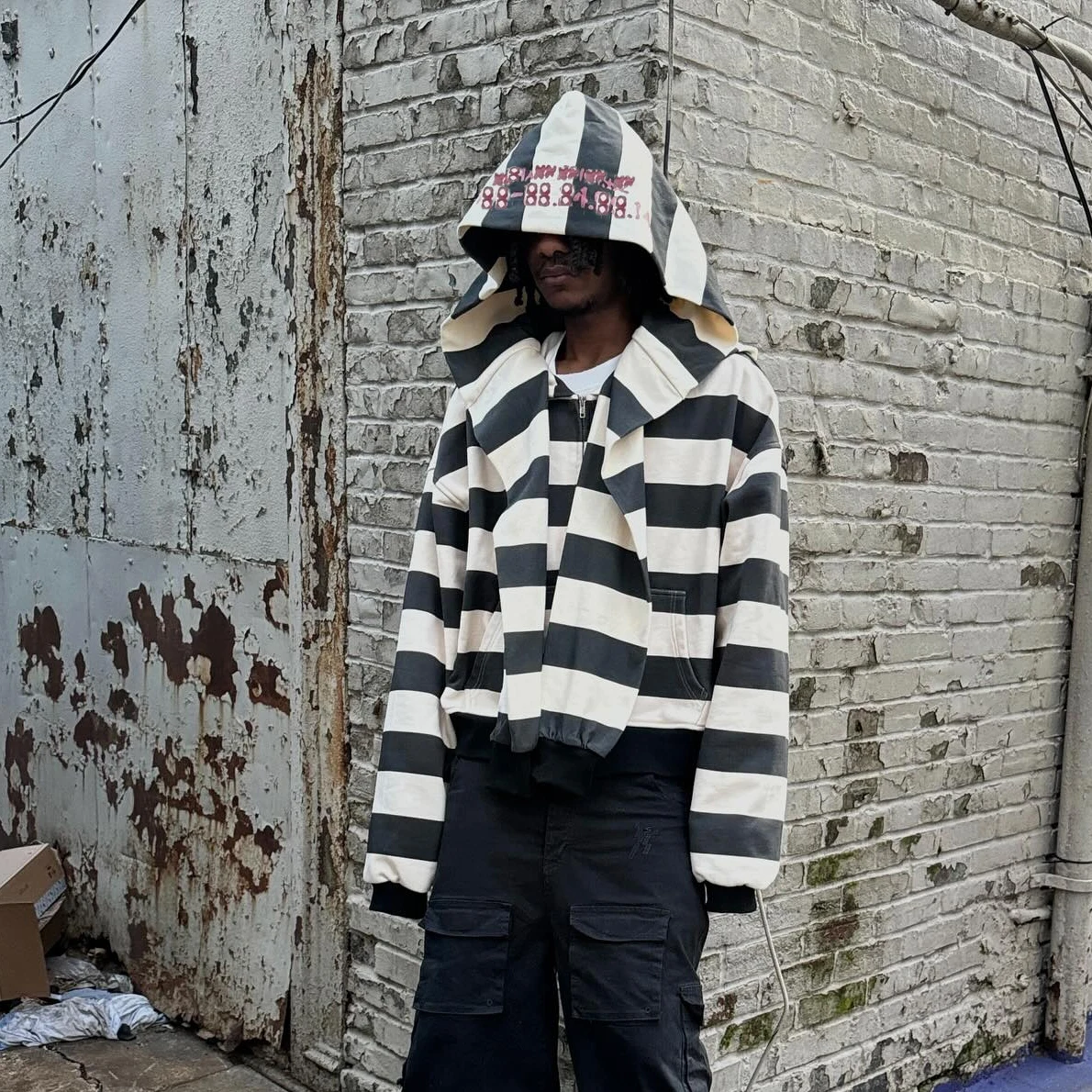 Clothing Manufacturers Custom Printing logo 100% Cotton Double Layer Hood Stripe Cropped Boxy Zip up Hoodie for Men details