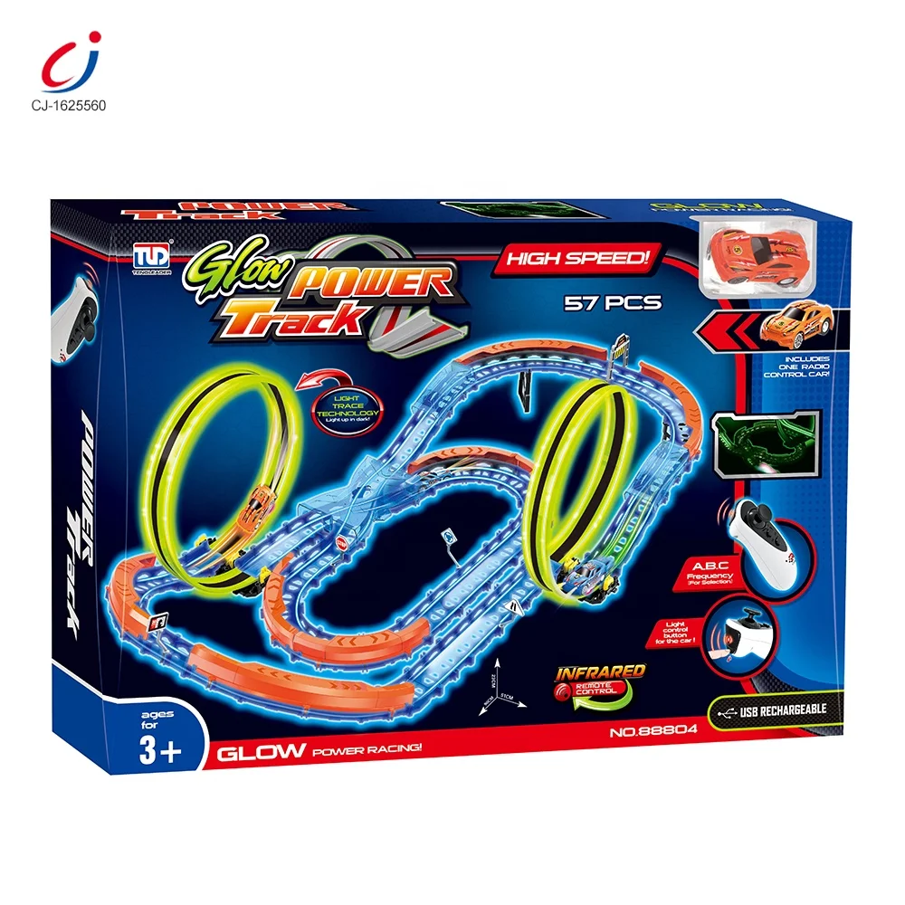 Chengji 57pcs assembly slot toys boys infrared variable speed remote control rc track toys set glow in the dark race track