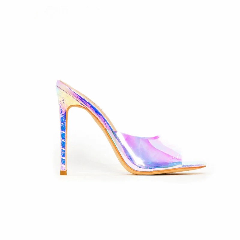 Pointed End High Heeled Slippers Silver 