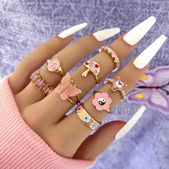 Gold Engagement Heart Shape Pink Gold Butterfly Ring for Girl Crystal Rings Women Vintage Flower Finger Ring sets