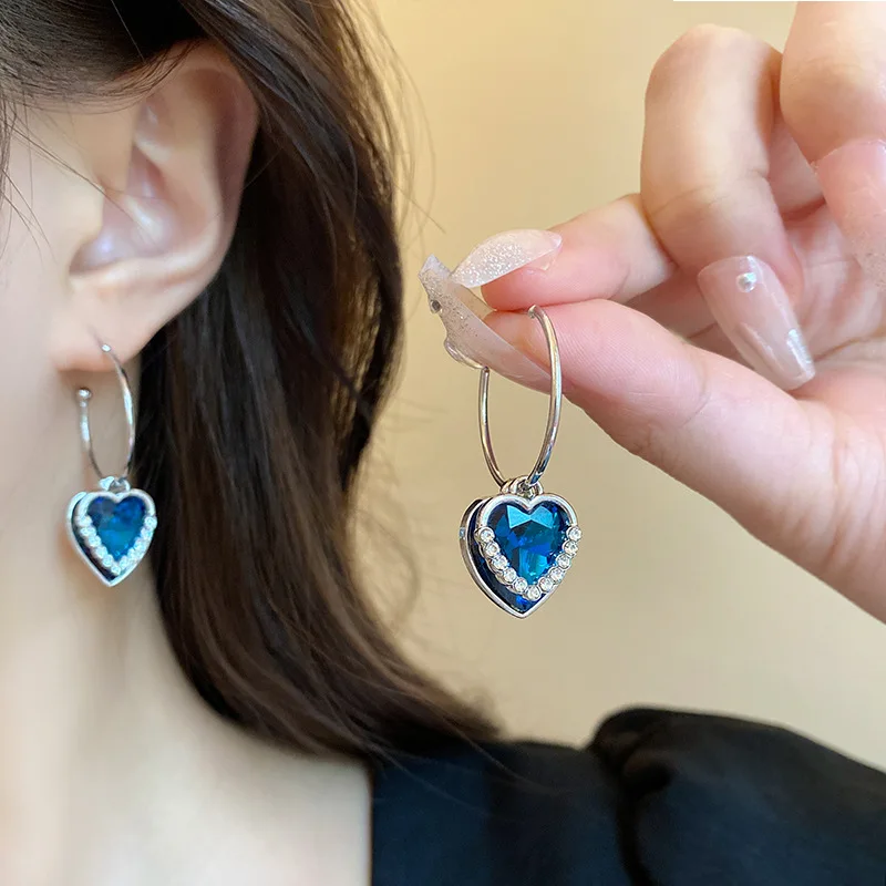 S925 sterling silver luxury niche exquisite temperament blue rhinestone heart of the ocean earings jewelry women
