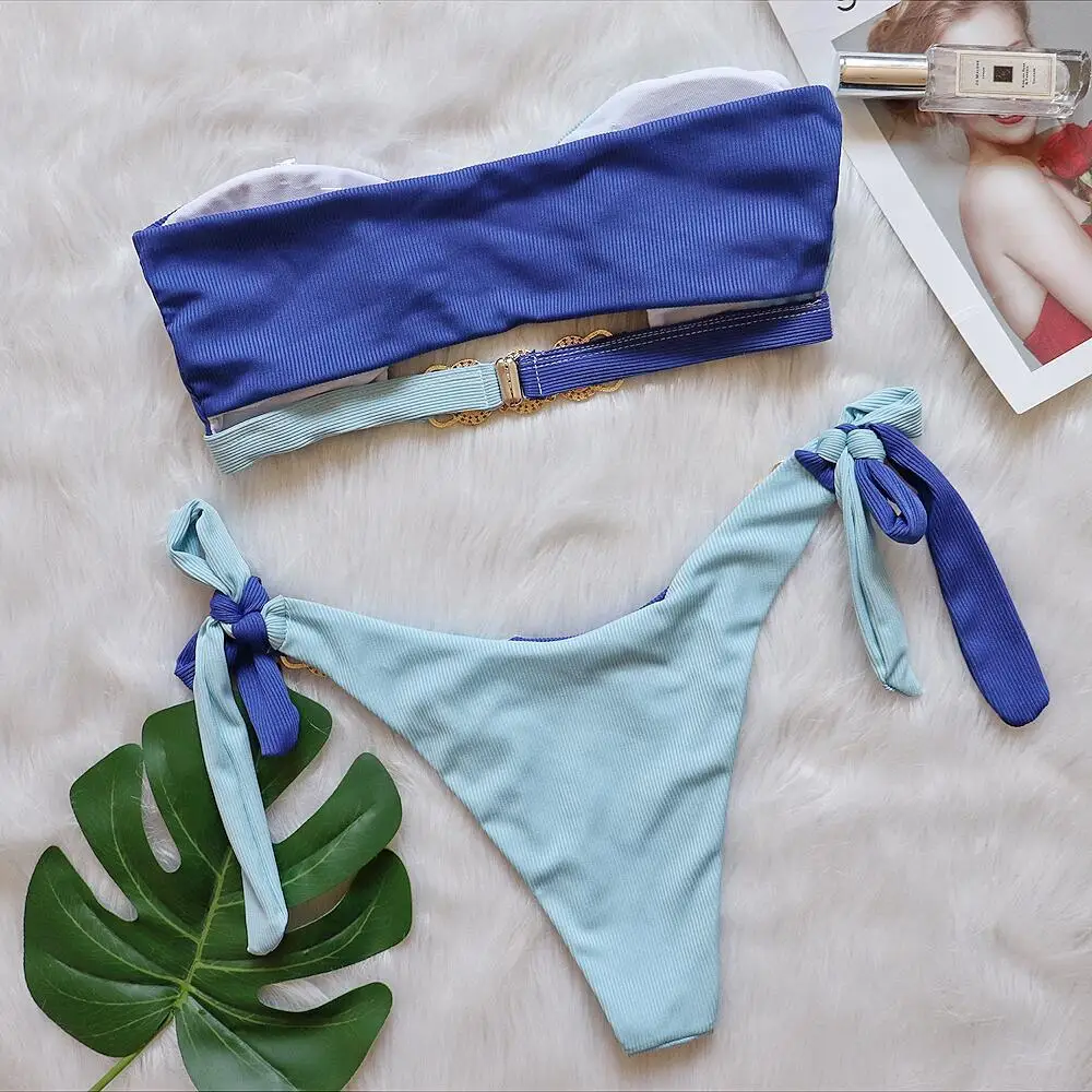 Ruiyi Ribbed Bikini Set Strapless Lace Up Two Piece Swimsuit Custom