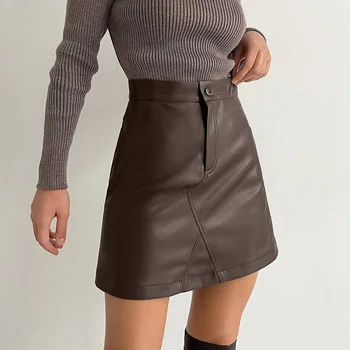 custom logo zipper button a line skirt fashion office women clothing autumn winter high waist sexy vintage leather skirts