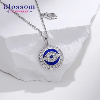 Blossom CS Jewelry Wholesale Quality 925 Sterling Silver Blue Evil Eye Round Pendant Cubic Zirconia Necklace Jewelry For Women