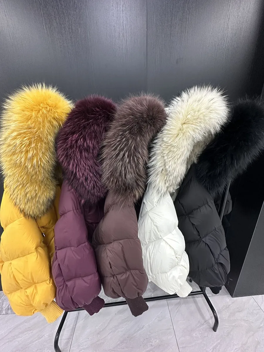 European Style Winter New White Duck Filled Large Fur Trim Hooded Jacket Women's Mid-length Thickened Warm Knitted Coat details