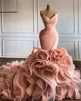 Custom Made Ruffled Mermaid Wedding Dresses High-end Pleated Pink Tulle Bridal Gowns