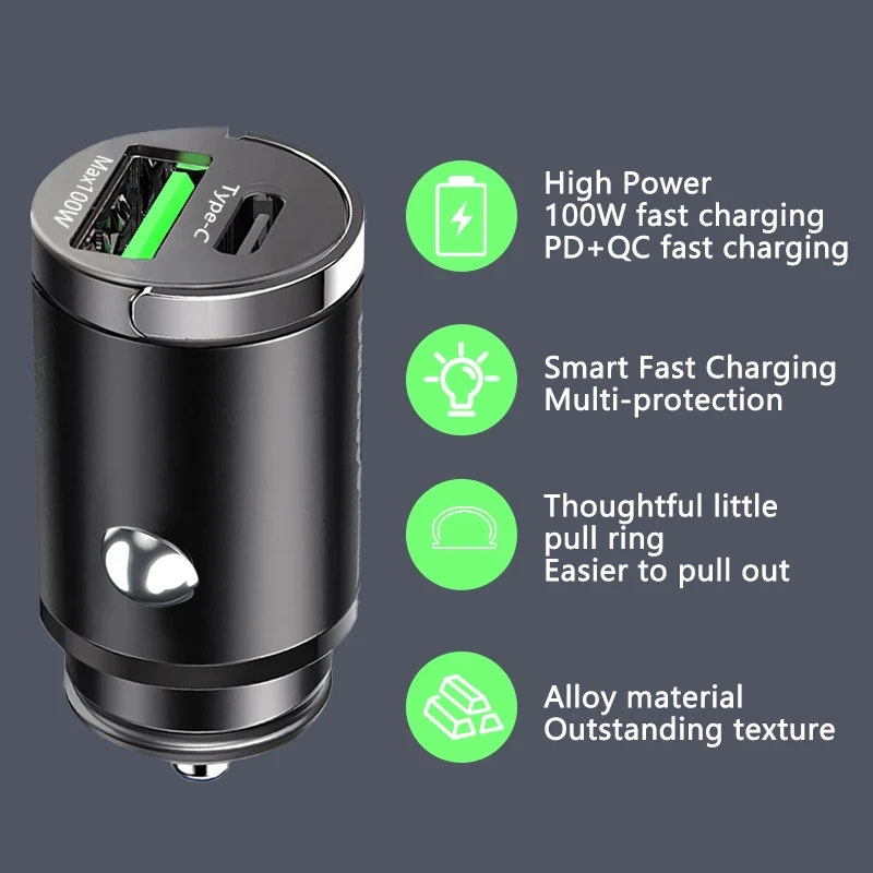 Mini 100W Car Charger Type C Dual USB Fast Charging for iphone 15 Pro Max Samsung Huawei Xiaomi Socket Cigarette Lighter Charger