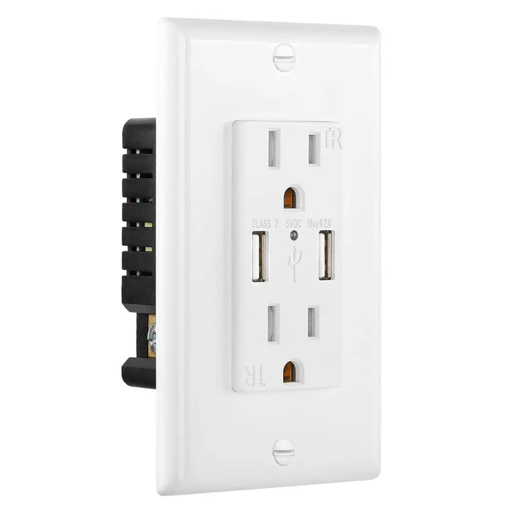 Black Dual 2.1A 2-Port Rapid Charging USB Wall Outlet & Conventional Wall Socket 