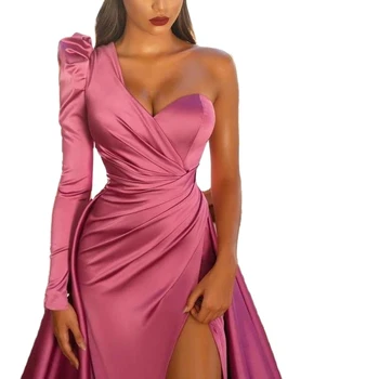 New Pleat One Shoulder Satin Night Party Gown Vestido De Festa Evening Dresses Wholesale Woman Sexy Club 2022 Celebrity Dress
