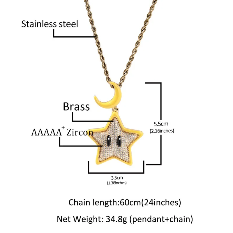 18k Gold Plated Cartoon Pendant Necklace Shining At Night 3a Cubic Zirconia Necklace Hiphop