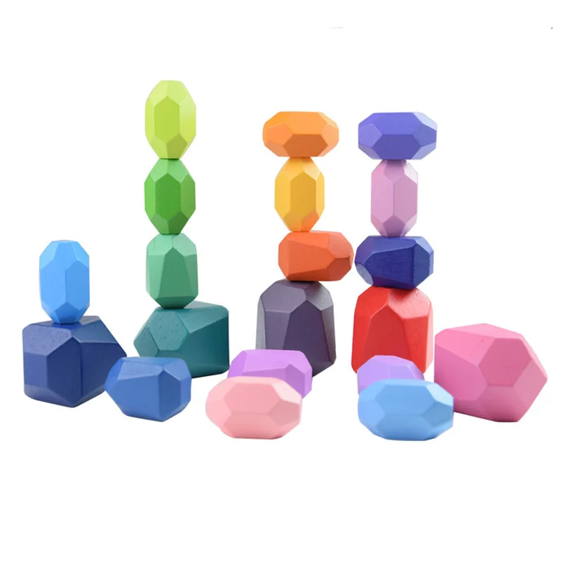Customize 10pcs Wooden Colorful Stone Building Block Stacking Game Toy Set Block Construction Toys