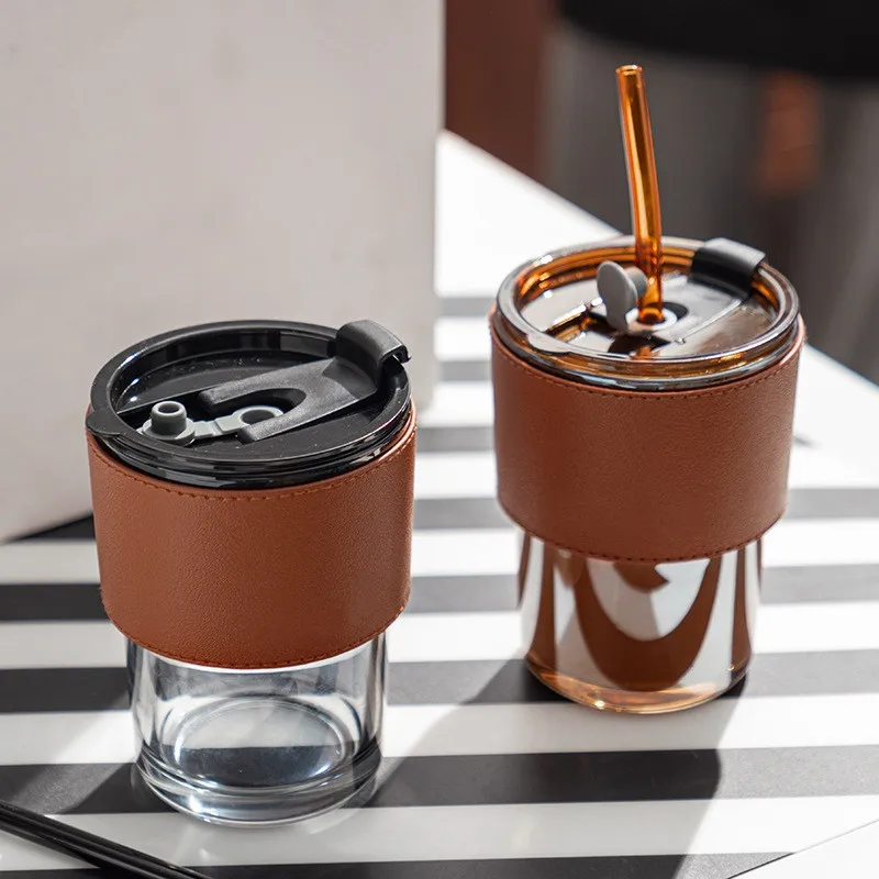Wholesale Custom Logo Coffee Cup Hot Sale Portable Glass Coffee Cup Reusable Large-capacity Juice Milk Mug With Straws &lids