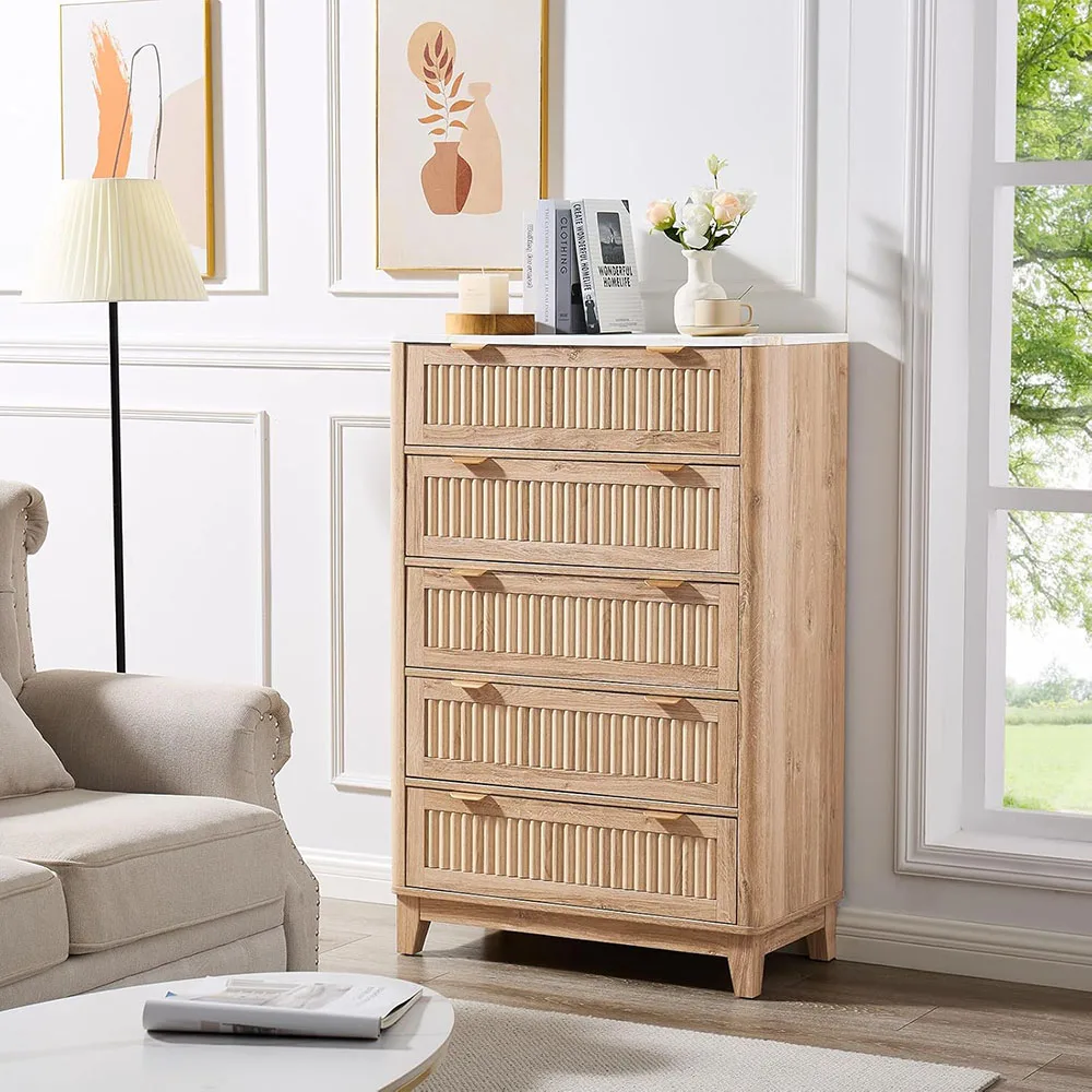 product modern 5 drawer fluted tall dresser with faux marble top oak wood and iron storage cabinet organizers for bedroom living room-6