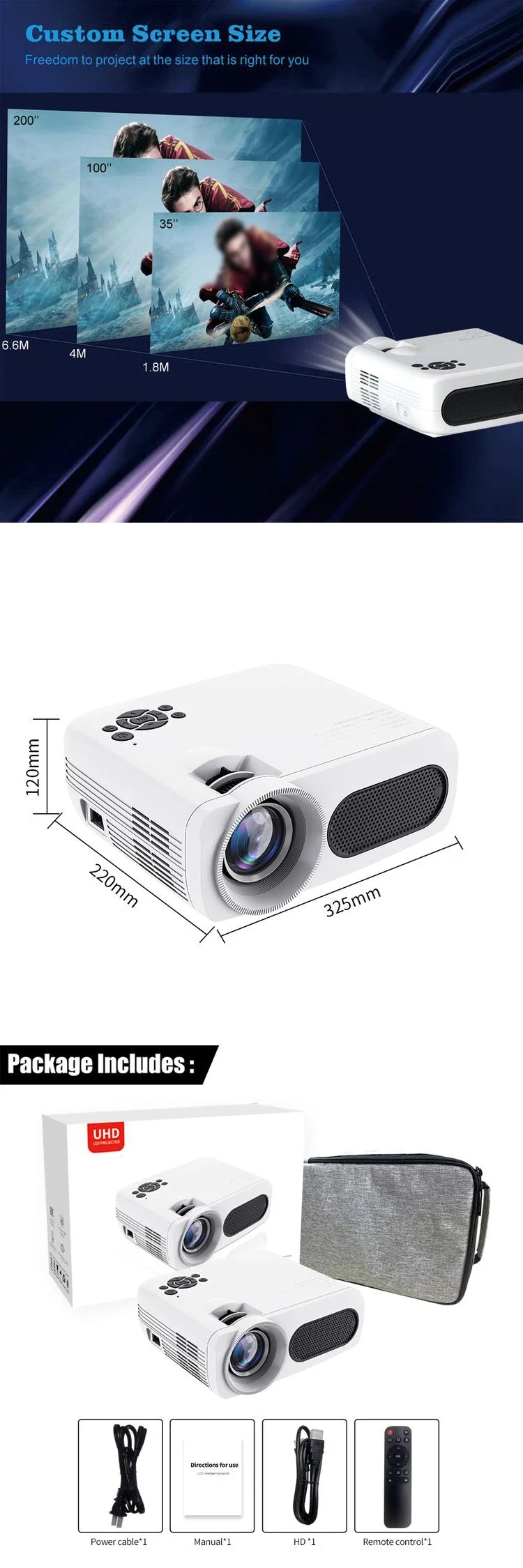 M7 mini Portable Projector 300 ANSI lumens Movie Projector Full 1080P hd 2GB 16GB Short Throw Projector 4k amlogic T972