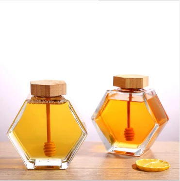 220ml 380ml Empty Hexagonal Honey Glass Jar with Wooden Dipper