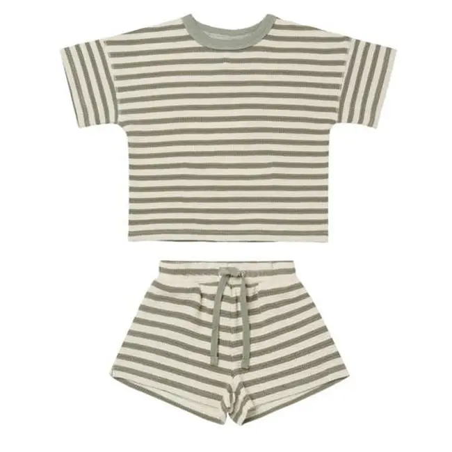 RTS Nordic Style Infant Summer Short Sleeve Lace-up Shorts Waffle Stripe Clothes Outfits Toddlers Baby Boys Girls Clothing Sets