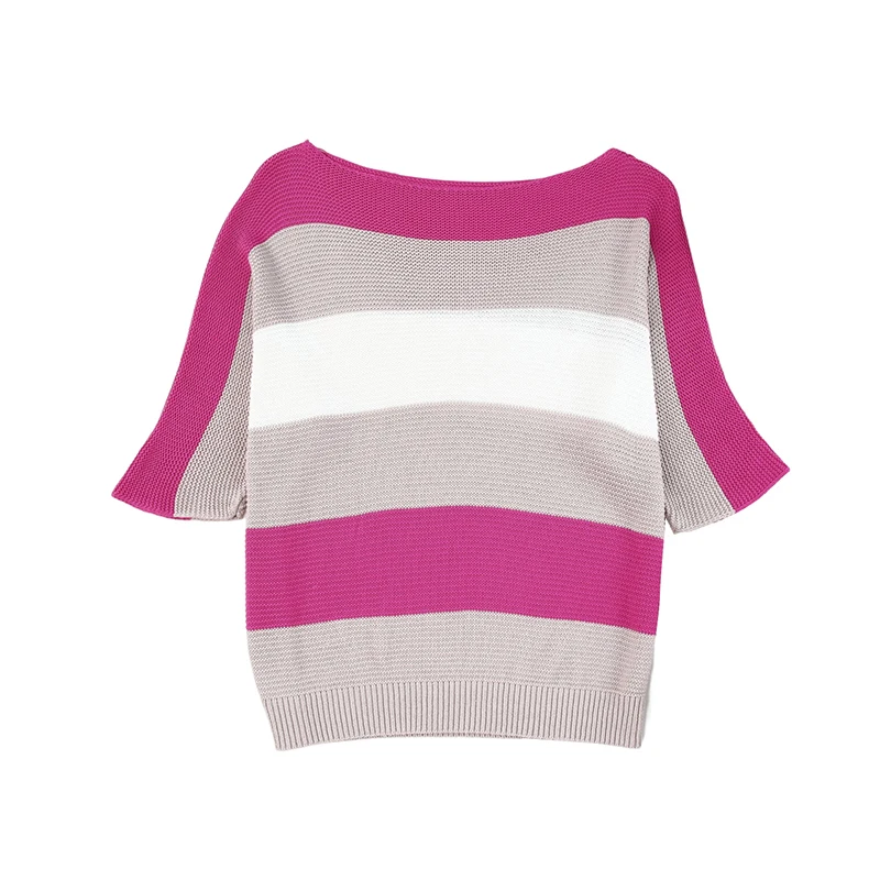 Dear-Lover Wholesale Fast Shipping Rose Contrast Stripe Half Sleeve Women Knitted Sweaters