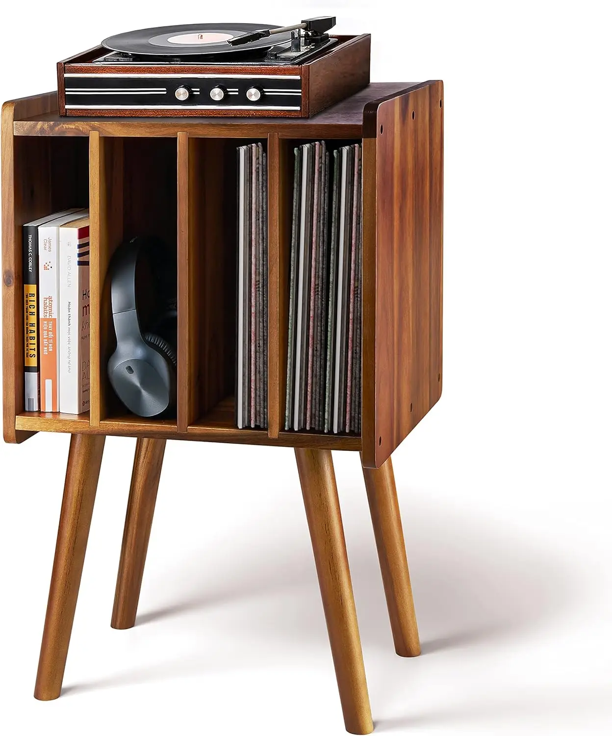 product wooden lp record player stand 4 cabinets holds 100 vinyls metal storage holder organizer table mid century modern-0