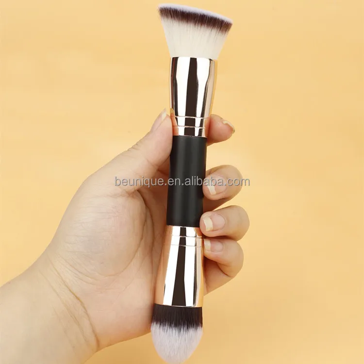 Professional 2 In 1 Single Fluffy Buffing Brush Private Label High Quality Angled Flat Double Ended Head Makeup Foundation Brush