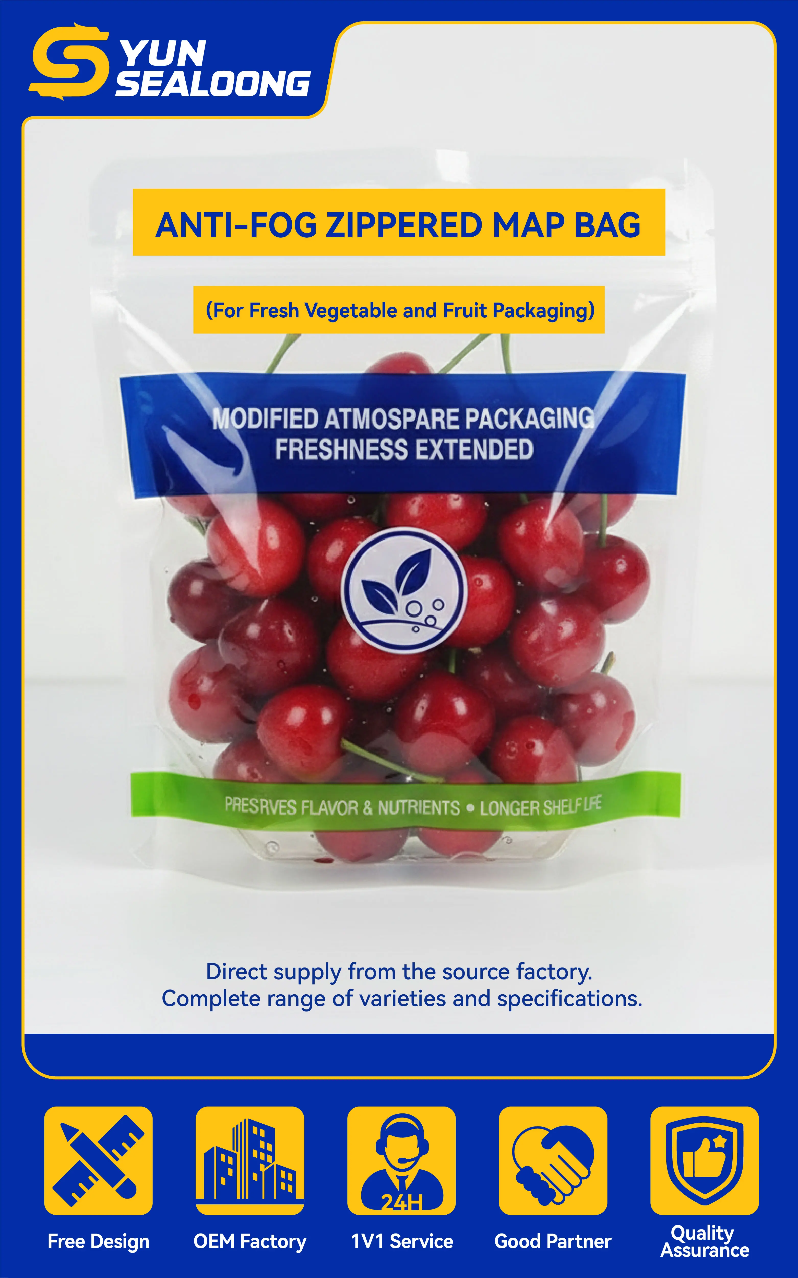 Custom Anti-Fog Zippered PET MAP Bag with Vent Holes for Fresh Vegetable and Fruit Packaging Screen Printing Surface Handling