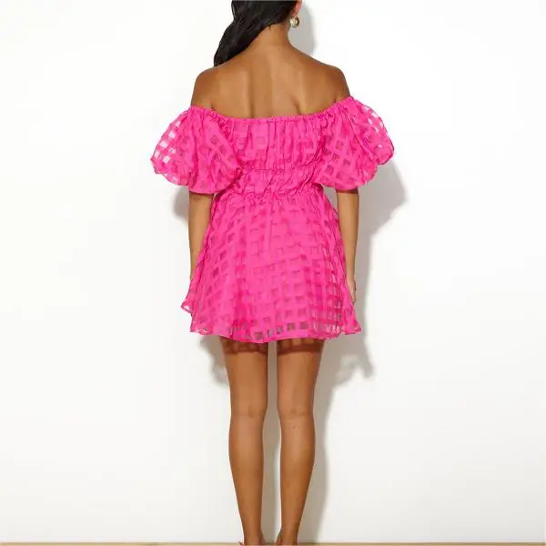 Summer Party Ladies Pink Sexy Flower Young Girl Lovers Of Fun Mini Dress Off Shoulder Puff Sleeve Tulle