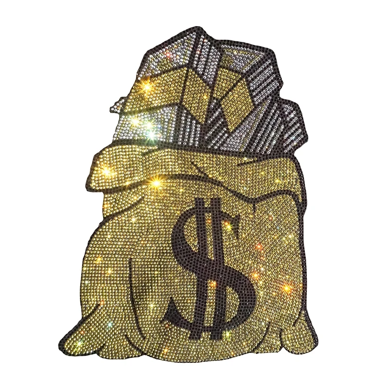 Red money bag Rhinestone Heat Transfer Crystal Patch Clothing Repair Hot Fix Applique for T-Shirts Vest Shoes