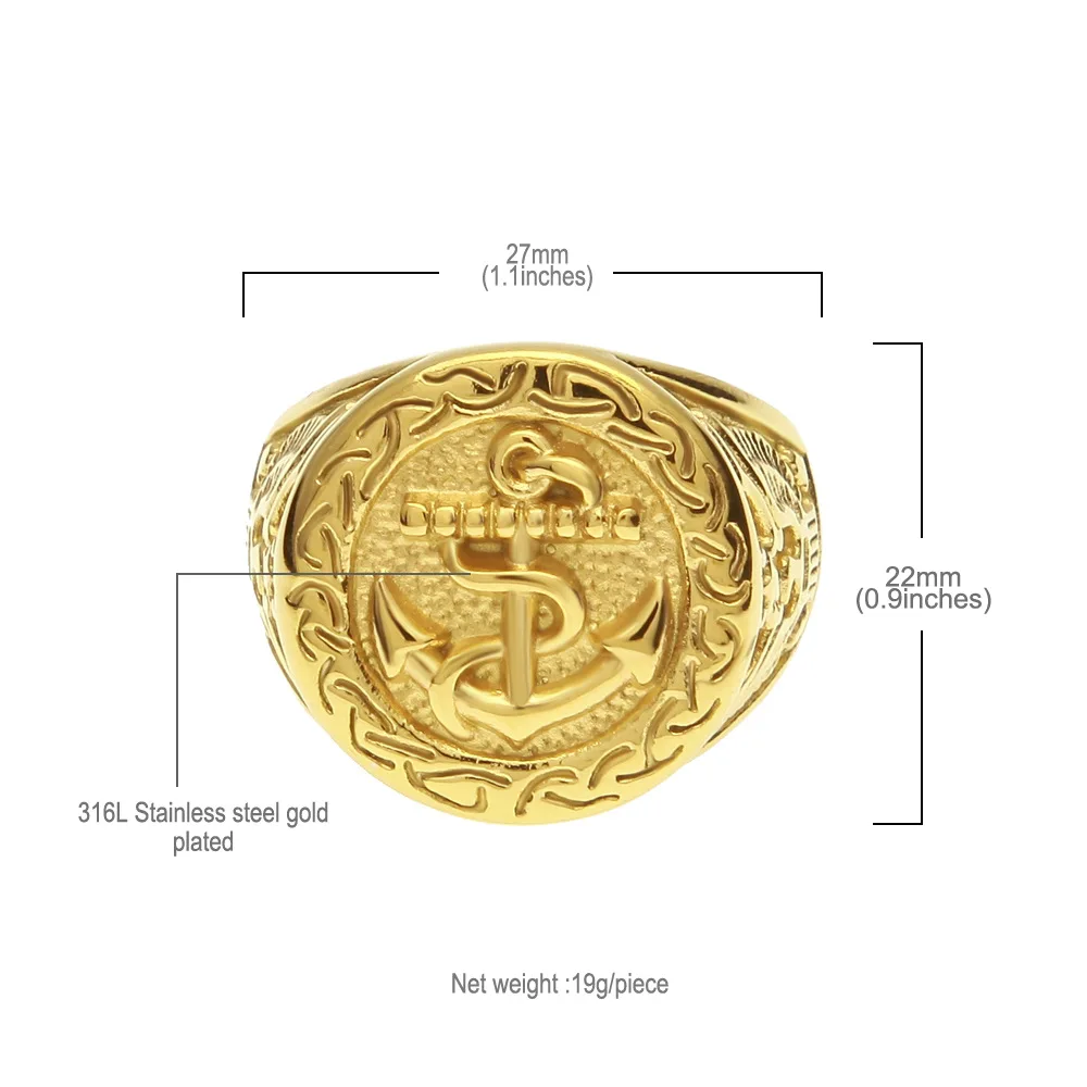 2019 Gold luxury ship's anchor ring 316L stainless steel gold plated iced out ring Casting engraved eagle gold ring men