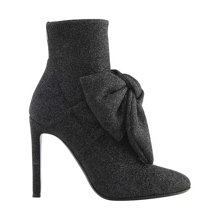 Botas Puntiagudas Para Mujer,Botines Finos De Tacón Alto Con Lazo Elástico, De Tela Negra,Más Populares - Buy Alta Calidad Botas De Tacón Alto Tela  Bowknot Negro Mujeres Botas De Tacón Más Popular Botas
