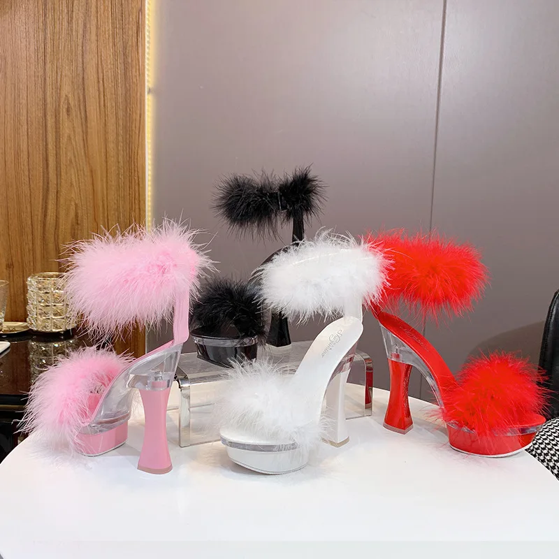 2021 Fashion Fur High Heeled Sandals 