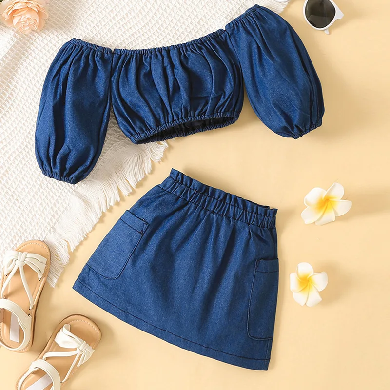 New fashion toddler baby girls clothing outfits denim summer kids skirt 2pcs boutique outfits princess girls dress