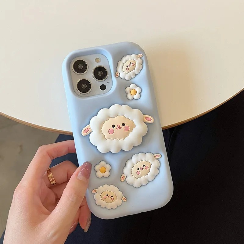 Sheep Bump 3D Bracket Cartoon Soft Shell Mobile Back Cover Silicone Phone Case for Apple iPhone 15 14 13 12 pro max 11