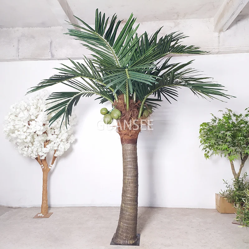 Oem Fiberglass Trunk Large Green Leaves Artificial Large Coconut Palm