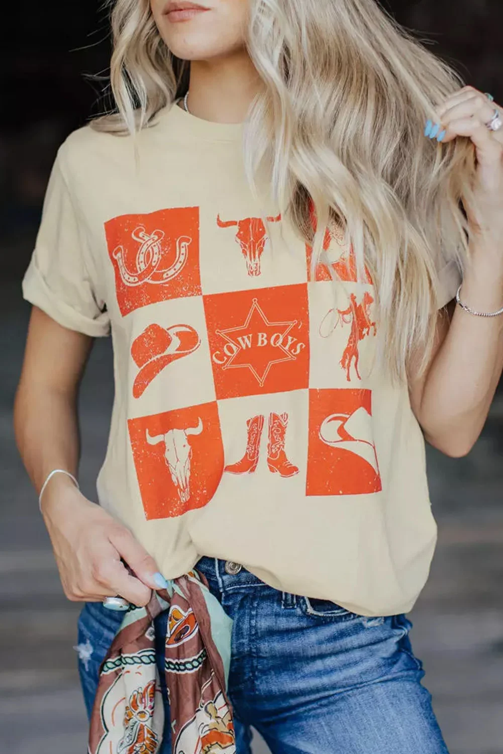 Dear-Lover Khaki Cowboys Graphic T Shirt Pattern Print Crewneck Shirts  For Women
