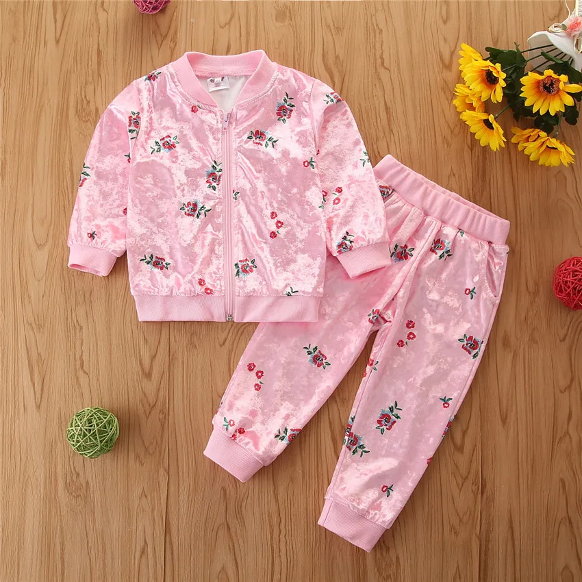 Custom new arrival baby girl clothing sets fashion floral girl's clothing two piece casual tracksuit for kids