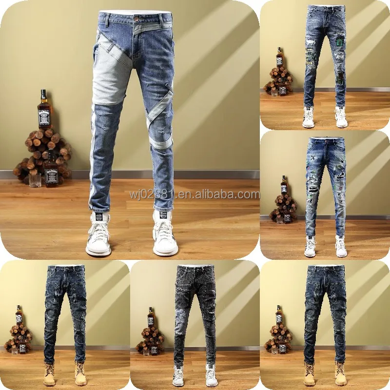 Fashionable Slim Fit Slim Tear Hole Jeans Side Hip Hop Pants Boys Split Jeans Men's Pencil Pants