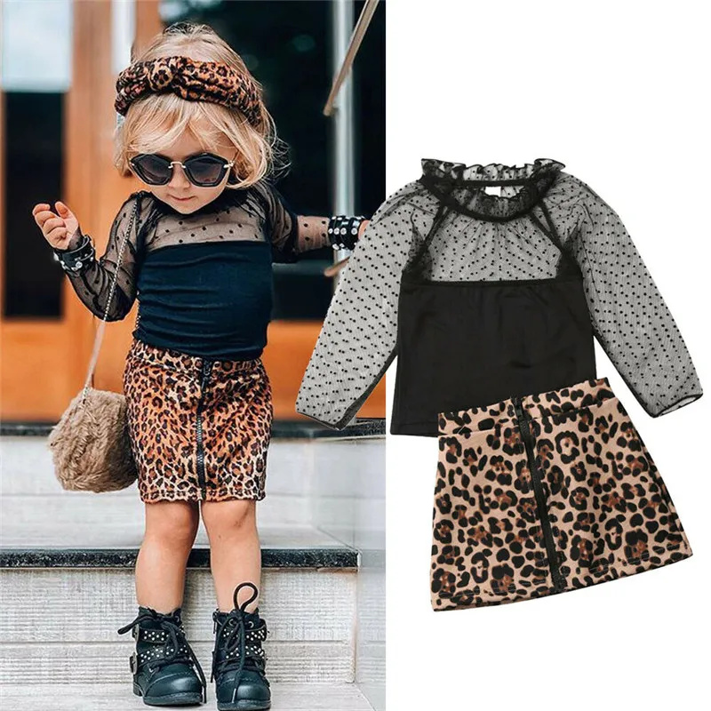 2Pcs Toddler Baby Girl Summer Skirt Clothes Short Sleeve T-Shirt Leather Leopard Dress Kids Outfits Clothing Set 