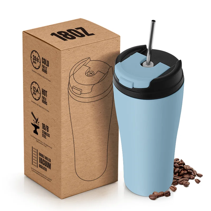 Customized Color 18oz Mug Cup Double Insulation Milk Coffee Cup with Stainless Steel Straw and Flip Lids