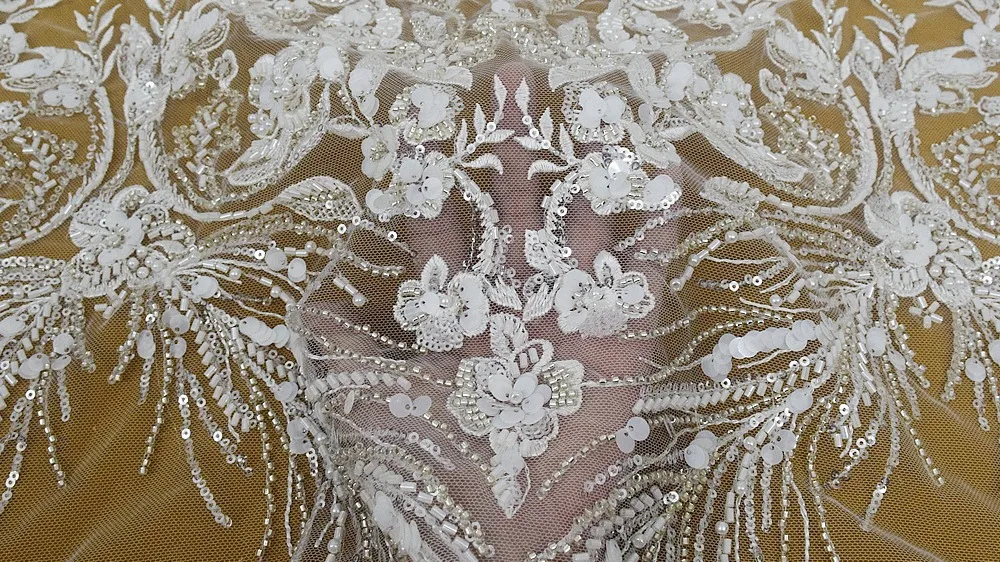 Hot Sale French White Heavy Beaded Sequins Lace Embroidery Flower