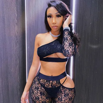 Sexy Wholesale Lady Mesh Fitness Crop Top Lace Up Yoga Pants Suit See Through Outfits Women 2 Piece Pants Set