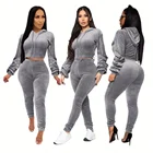 Hoodie S6811 - Casual Crop Top Hoodie And Joggers Velvet 2 Piece Set For Women